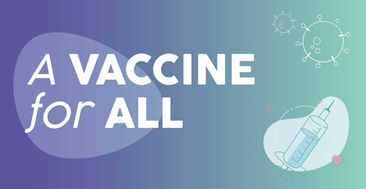 Logo mit Spritze und Virus und dem Schriftzug: A vaccine for all